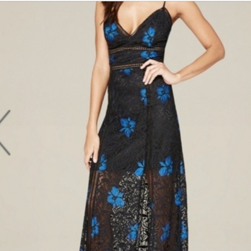 BEBE Blue & Black Lace Floral Gown
